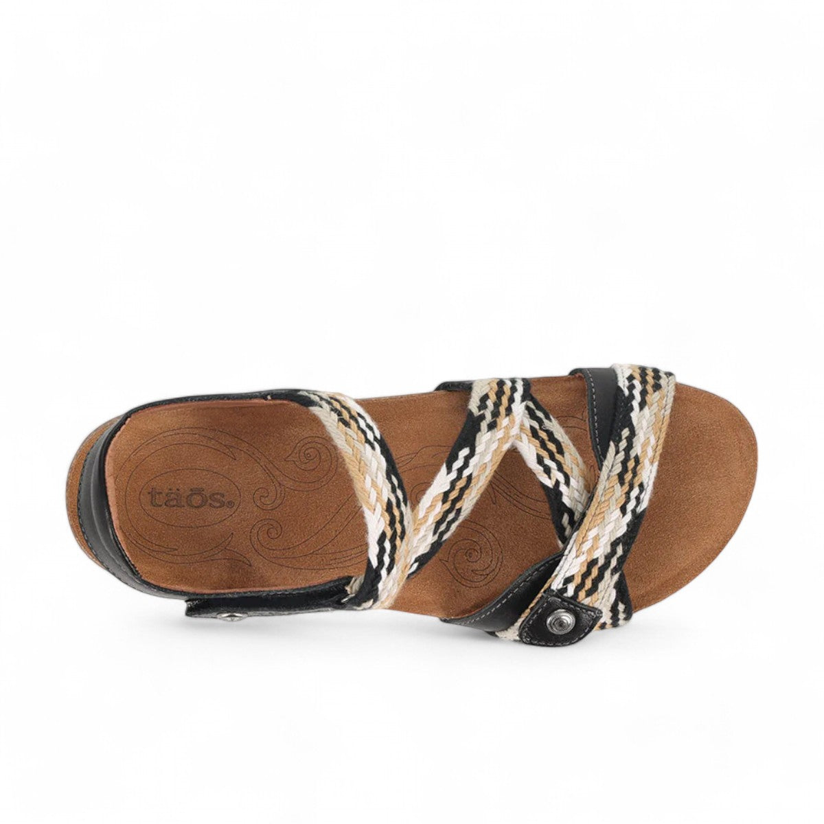 Taos Trulie L.E. black multi woven adjustable sandal with cork foot bed and arch support. Photo of upper view.