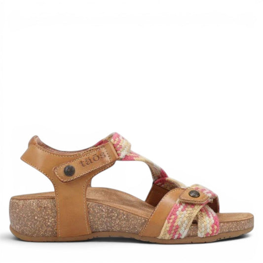 Taos Trulie L.E. camel multi sandal with woven textile straps, leather accents, and cork foot bed. Photo of inside side view.