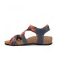 Taos Trulie L.E. navy multi woven textile and leather sandal with adjustable hook and loop straps. Photo of inside side view.