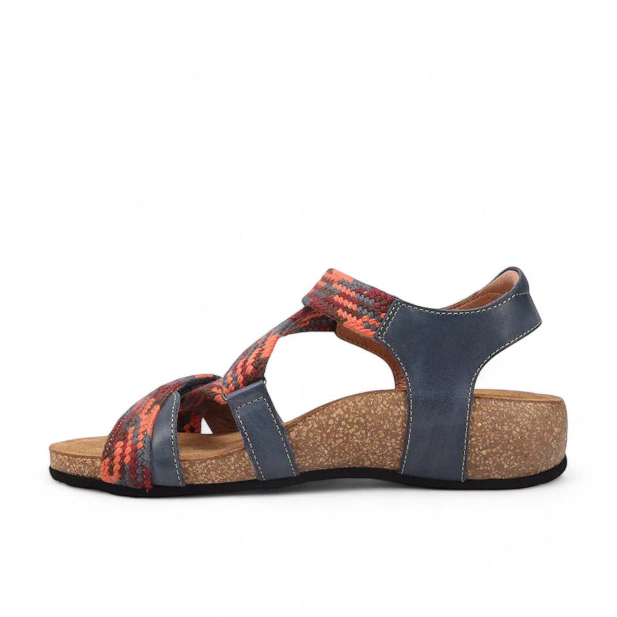 Taos Trulie L.E. navy multi woven textile and leather sandal with adjustable hook and loop straps. Photo of inside side view.