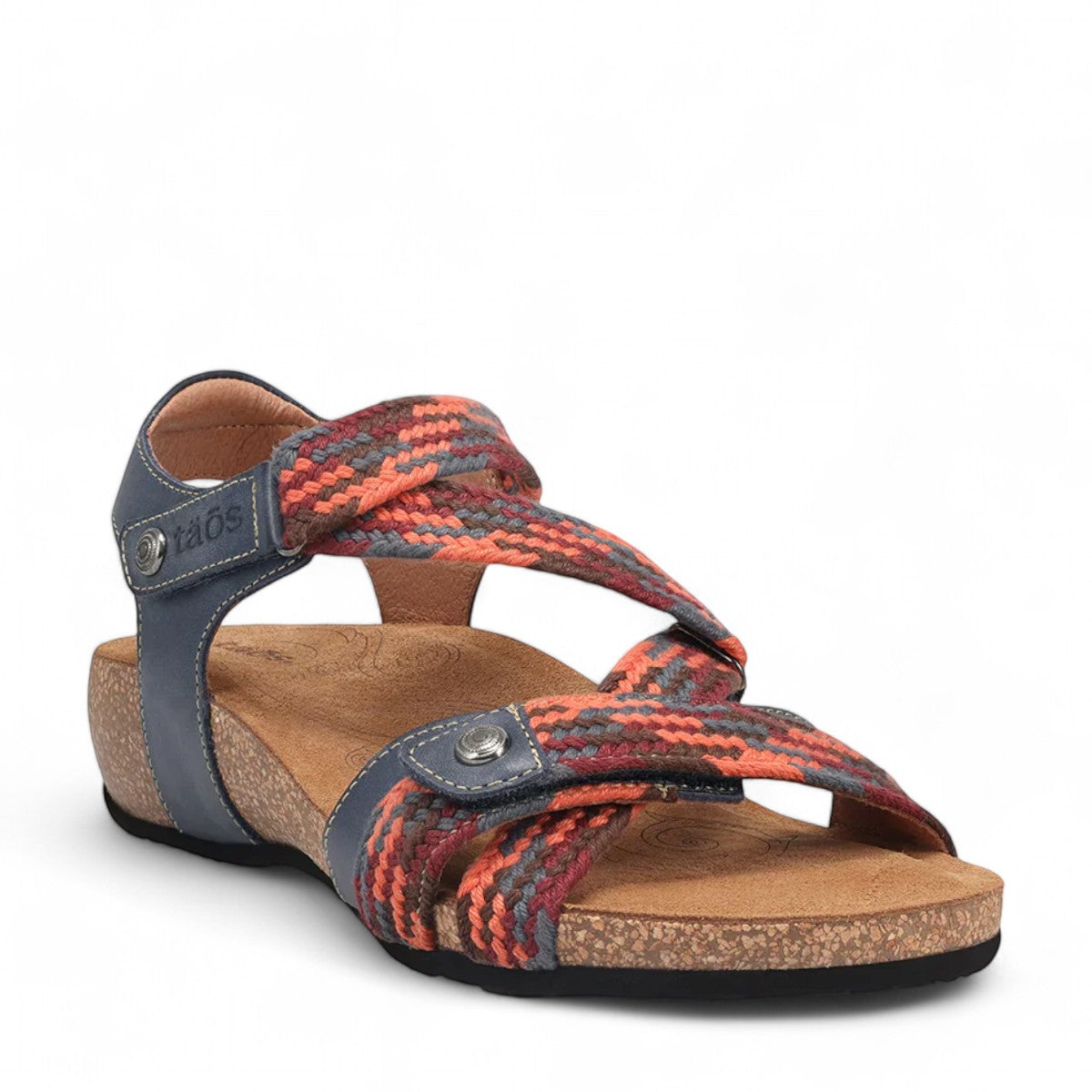 Taos Trulie L.E. navy multi woven textile and leather sandal with adjustable hook and loop straps. Photo of front view.