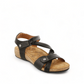 Taos Universe black leather sandal with Z-strap design, cork footbed, and metallic medallion accents. Photo of front view.