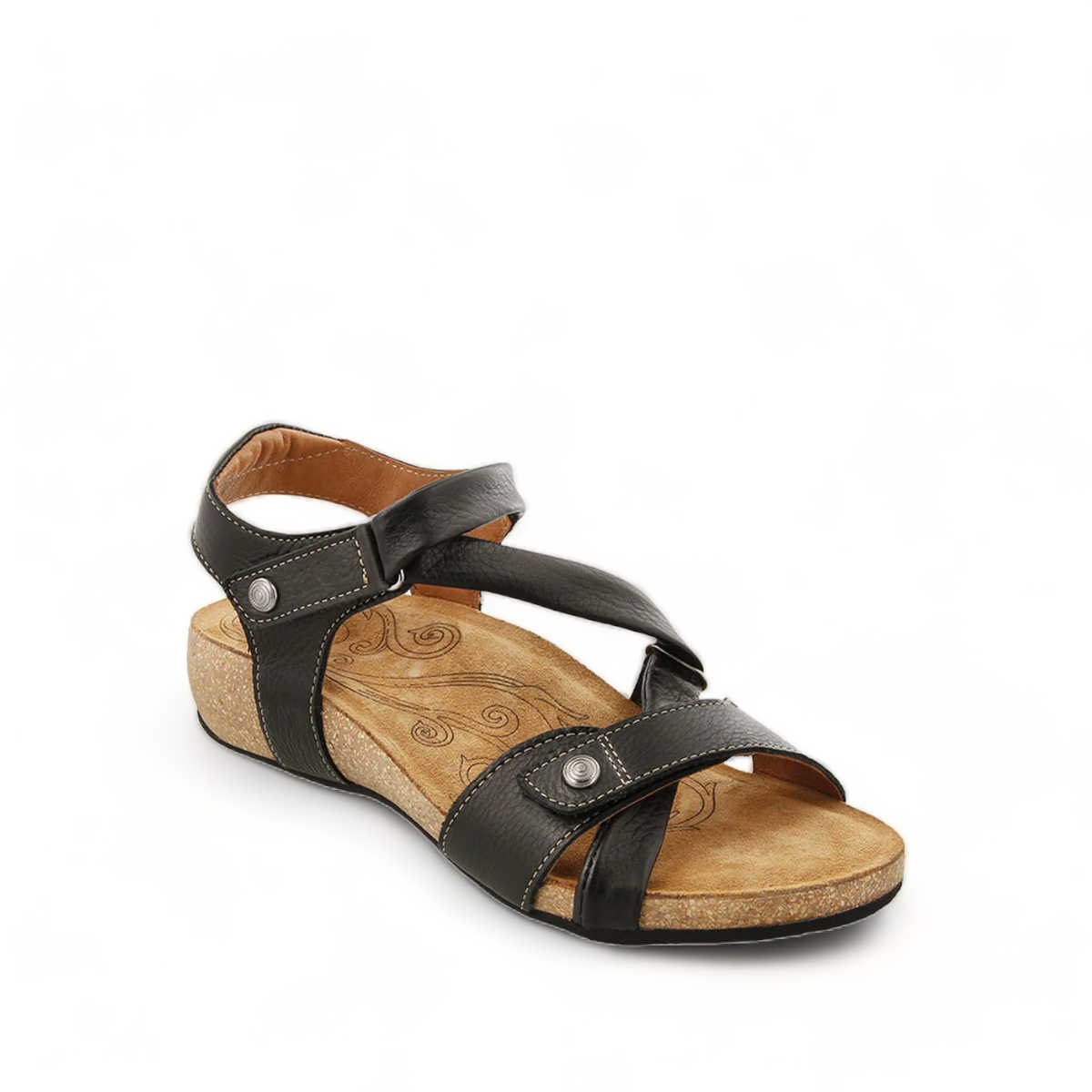 Taos Universe black leather sandal with Z-strap design, cork footbed, and metallic medallion accents. Photo of front view.