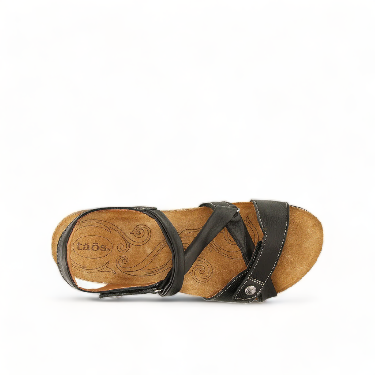 Taos Universe black leather sandal with Z-strap design, cork footbed, and metallic medallion accents. Photo of upper view.