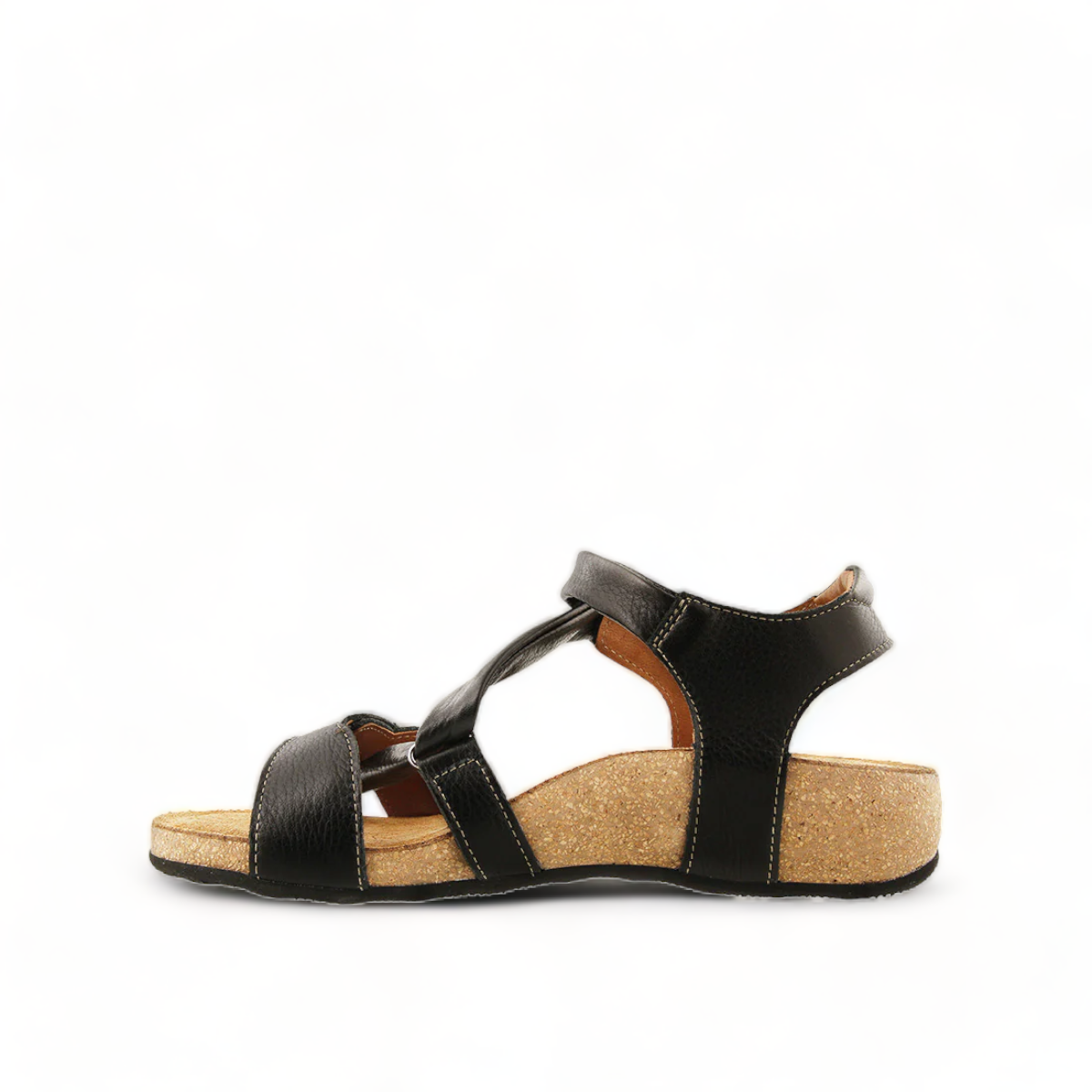 Taos Universe black leather sandal with Z-strap design, cork footbed, and metallic medallion accents. Photo of left side view.