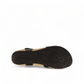 Taos Universe black leather sandal with Z-strap design, cork footbed, and metallic medallion accents. Photo of bottom view.