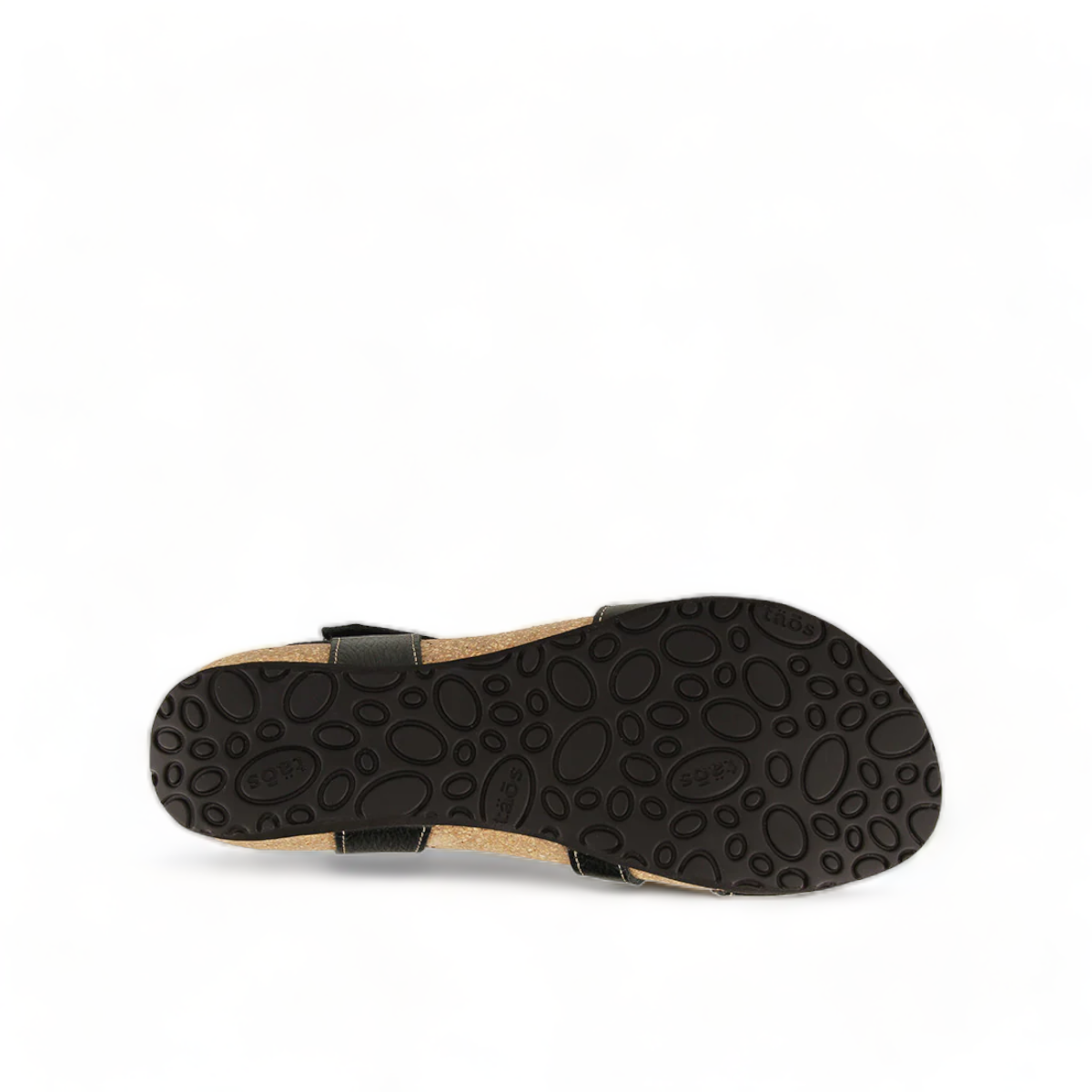Taos Universe black leather sandal with Z-strap design, cork footbed, and metallic medallion accents. Photo of bottom view.