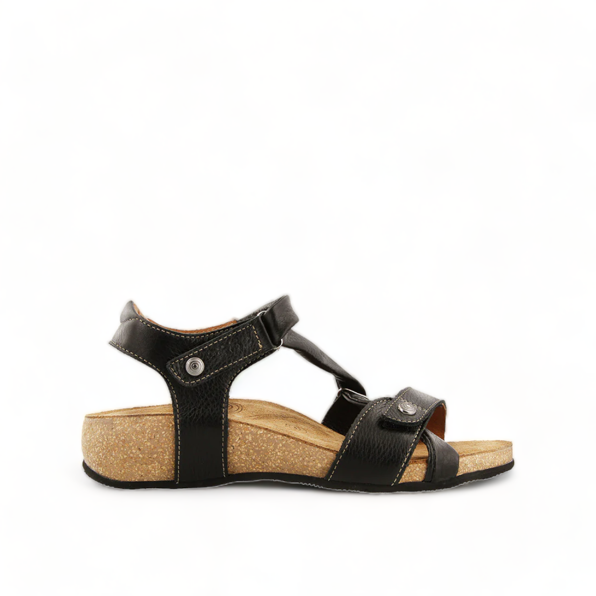 Taos Universe black leather sandal with Z-strap design, cork footbed, and metallic medallion accents. Photo of right side view.