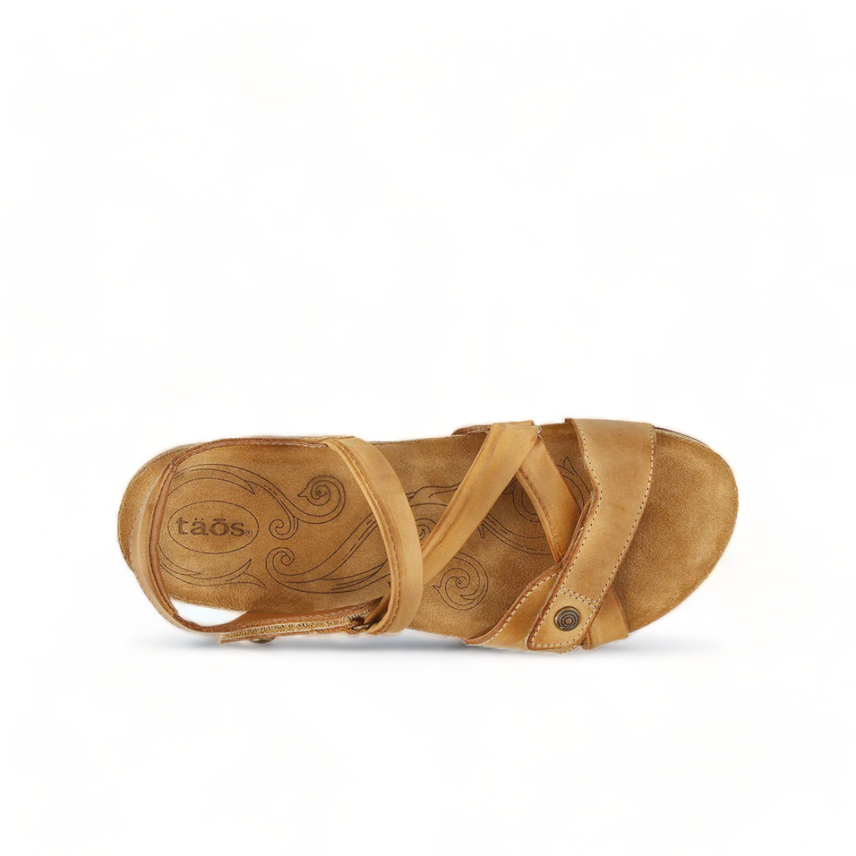 Taos Universe camel leather sandal with Z-strap design, cork footbed, and medallion embellishments. Photo of upper view.