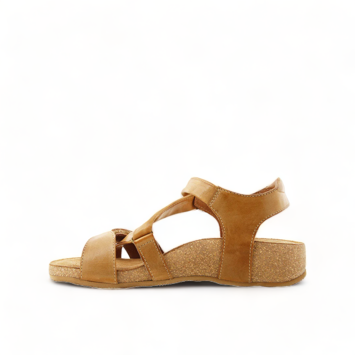 Taos Universe camel leather sandal with Z-strap design, cork footbed, and medallion embellishments. Photo of left side view.