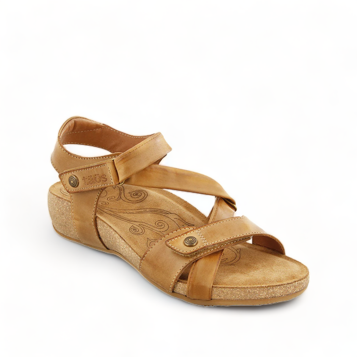 Taos Universe camel leather sandal with Z-strap design, cork footbed, and medallion embellishments. Photo of front view.
