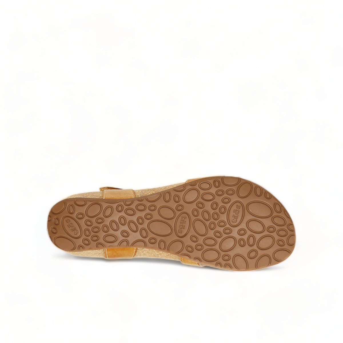 Taos Universe camel leather sandal with Z-strap design, cork footbed, and medallion embellishments. Photo of bottom view.