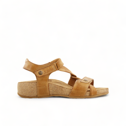 Taos Universe camel leather sandal with Z-strap design, cork footbed, and medallion embellishments. Photo of right side view.