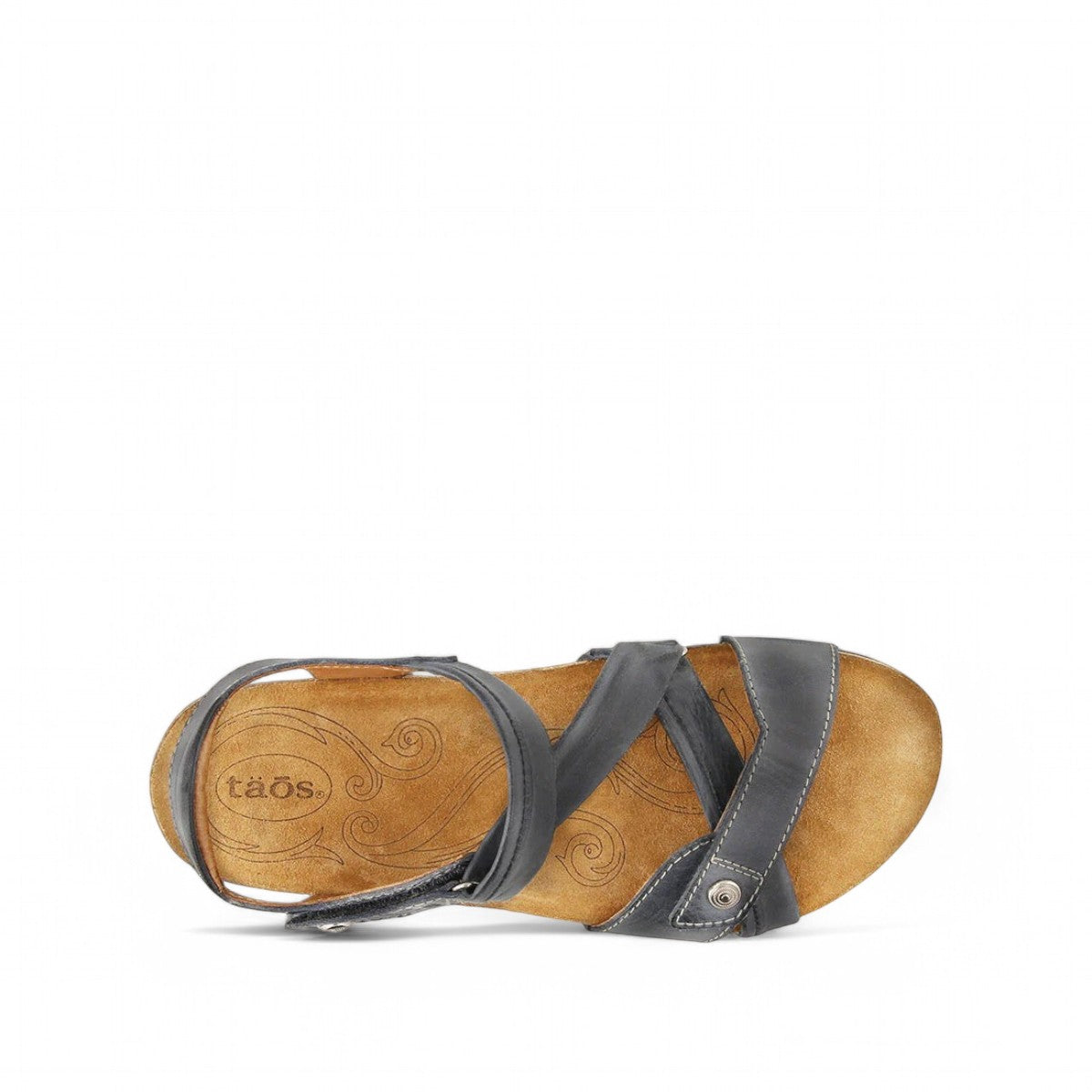 Taos Universe navy leather sandals with Z-strap design, cork foot bed, and medallion embellishments. Photo of upper view.