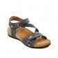 Taos Universe navy leather sandals with Z-strap design, cork foot bed, and medallion embellishments. Photo of front view.