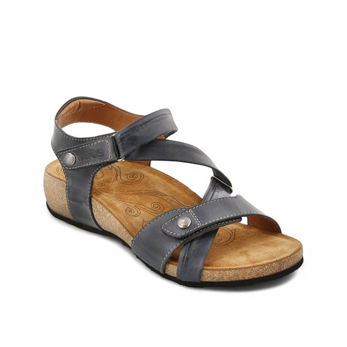 Taos Universe navy leather sandals with Z-strap design, cork foot bed, and medallion embellishments. Photo of front view.