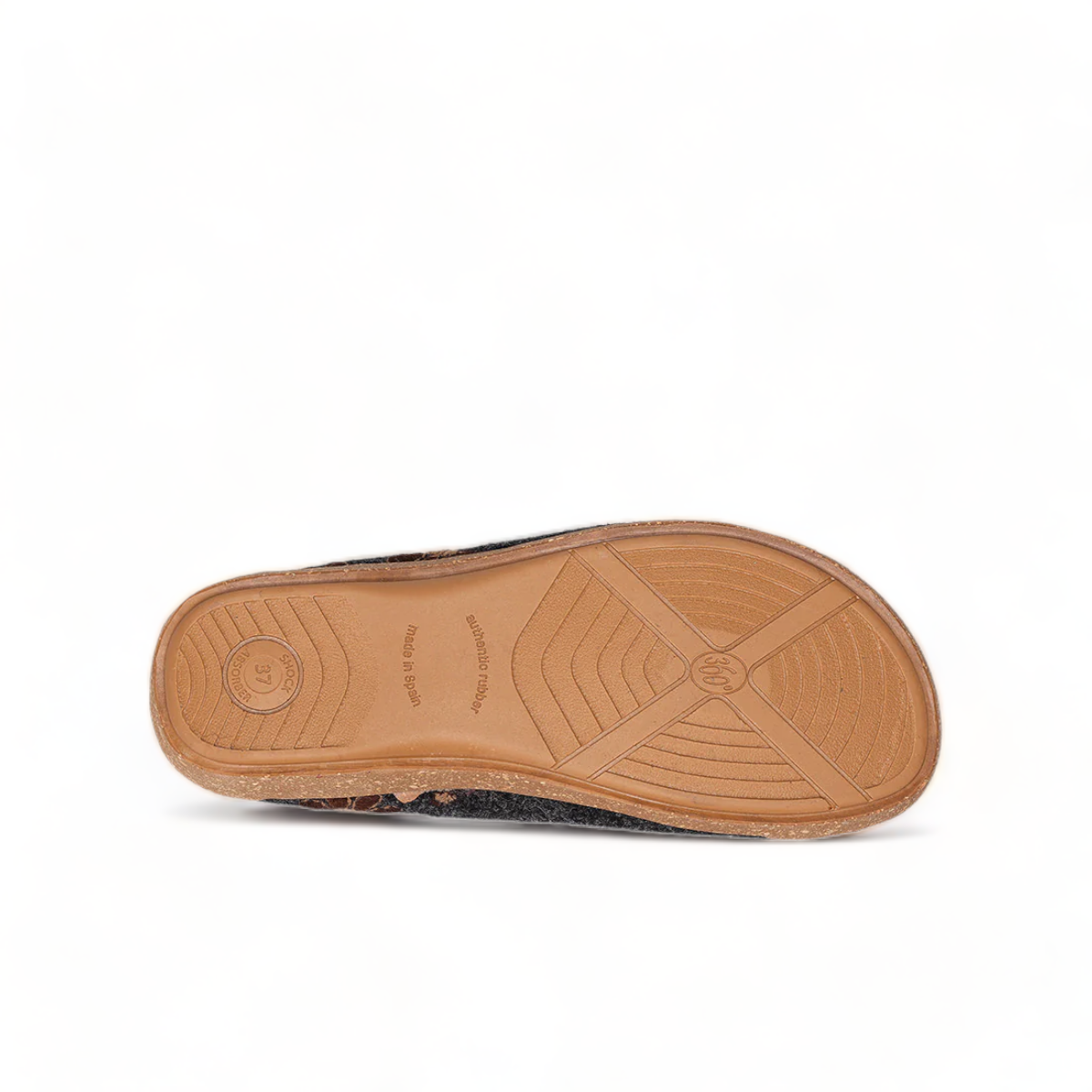 Taos Woolderness charcoal wool clog with hand-embroidered floral details and faux fur lining. Photo of bottom view.