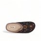 Taos Woolderness charcoal wool clog with hand-embroidered floral details and faux fur lining. Photo of upper view.