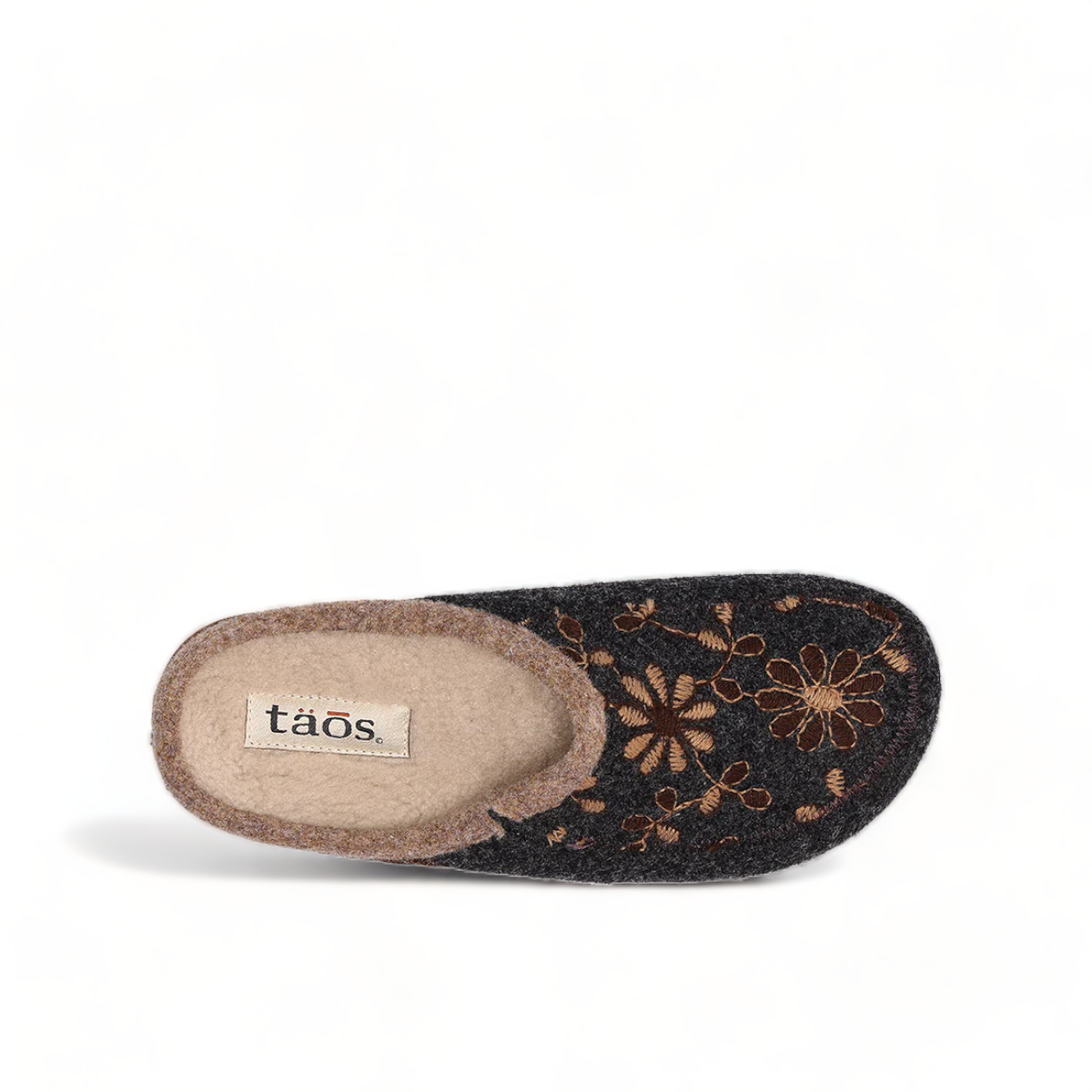 Taos Woolderness charcoal wool clog with hand-embroidered floral details and faux fur lining. Photo of upper view.