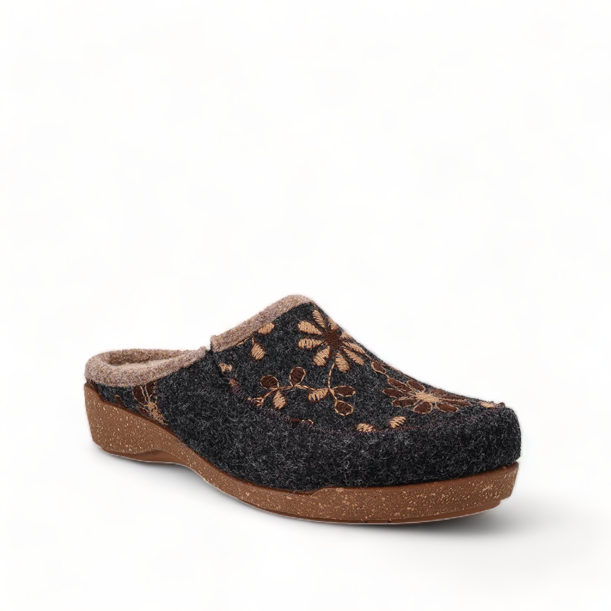 Taos Woolderness charcoal wool clog with hand-embroidered floral details and faux fur lining. Photo of front view.