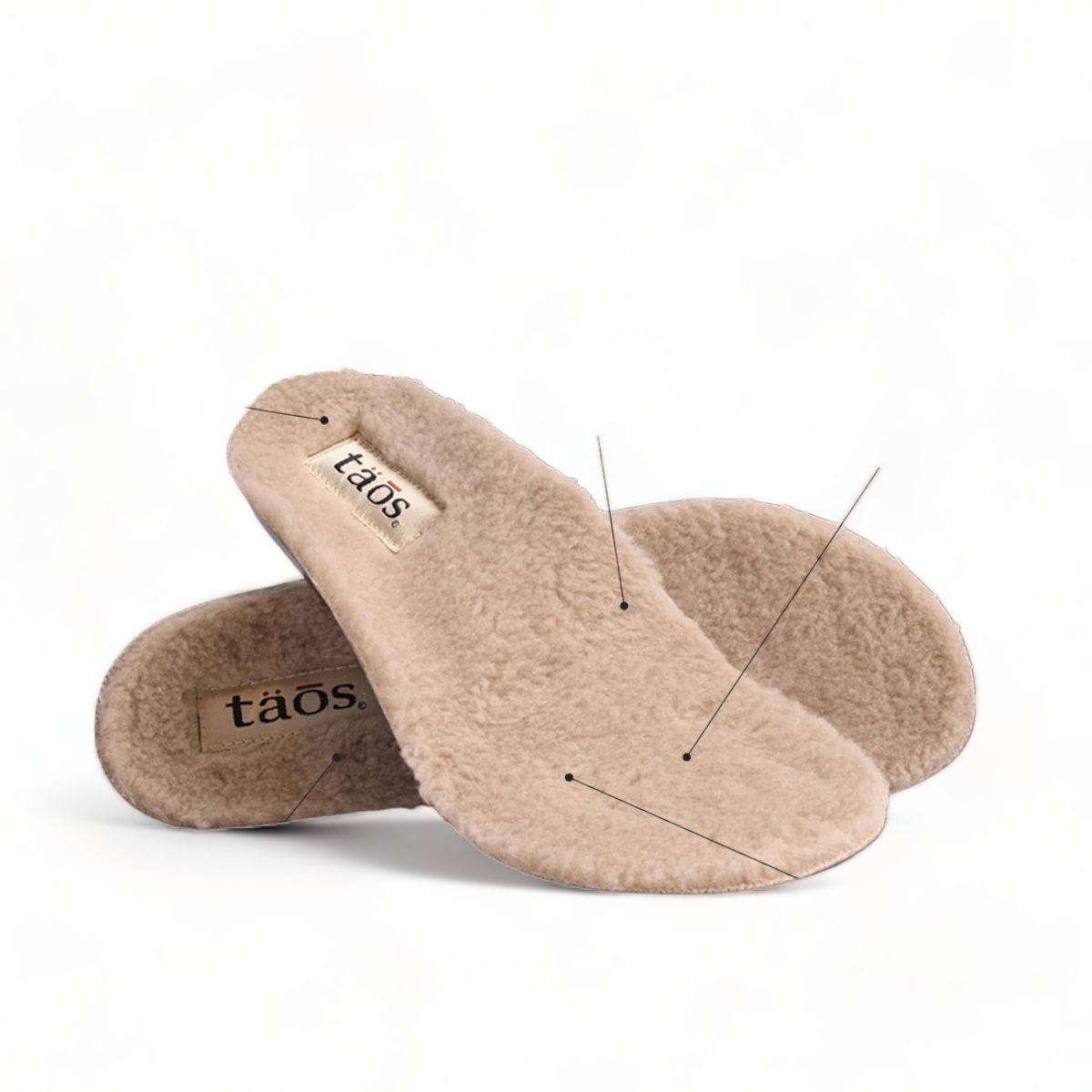 Taos Woolderness charcoal wool clog with hand-embroidered floral details and faux fur lining. Photo of footbed.