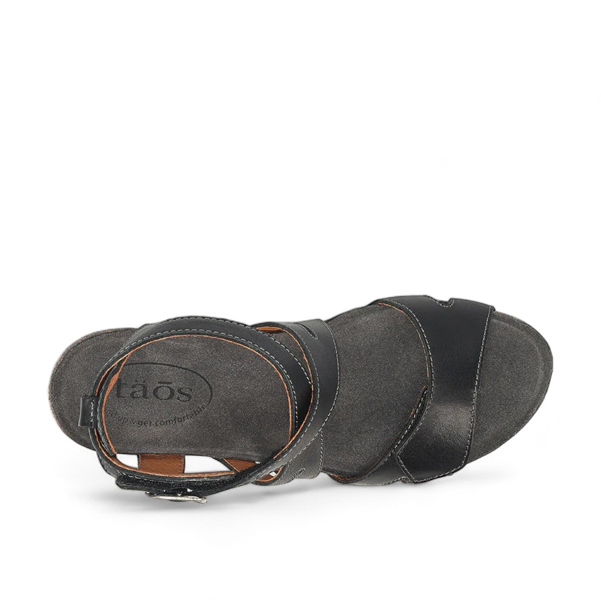 Taos Xcellent black leather wedge sandals with crisscross straps and cork foot bed. Photo of upper view.