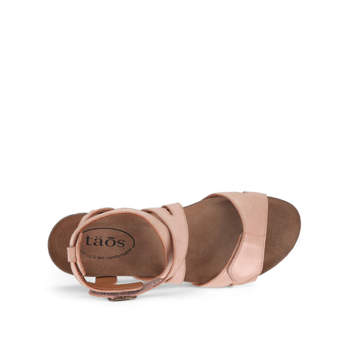 Taos Xcellent shell pink leather wedge sandals with crisscross straps and cork foot bed. Photo of upper view.