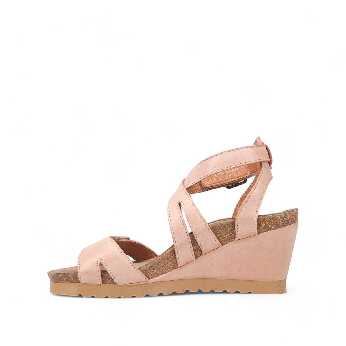 Taos Xcellent shell pink leather wedge sandals with crisscross straps and cork foot bed. Photo of inside side view.