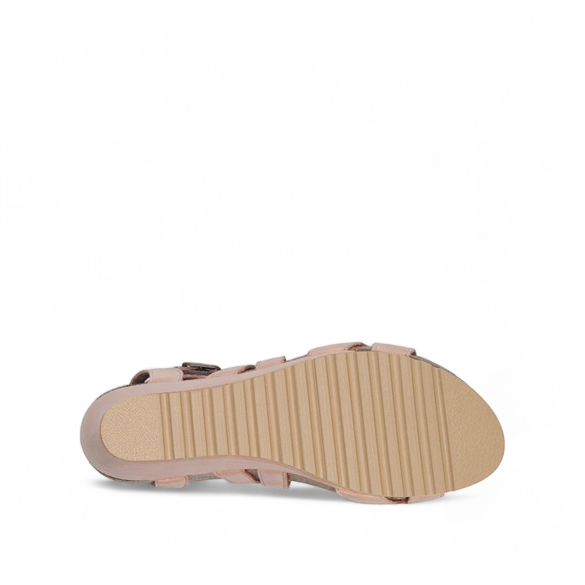 Taos Xcellent shell pink leather wedge sandals with crisscross straps and cork foot bed. Photo of bottom view.