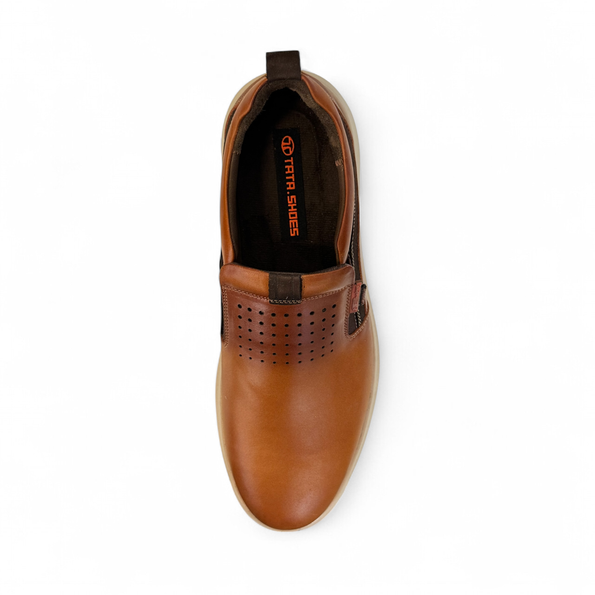 Tata Sahand brown leather slip-on shoes with handmade stitching and a durable rubber outsole.
