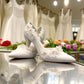 Ticky white pointed-toe high heel pump featuring delicate floral embellishments with crystal accents. Photo of front side view.