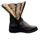 Toe Warmers Rebecca black mid-calf boots featuring dual silver buckle straps and a comfortable wedge sole. Photo of inside fur.