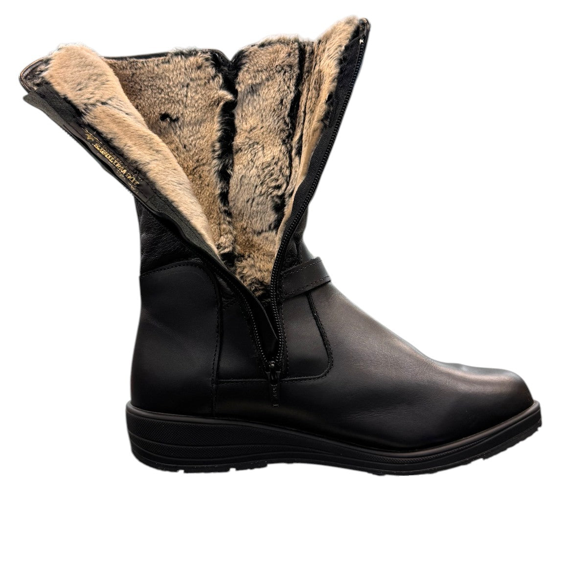Toe Warmers Rebecca black mid-calf boots featuring dual silver buckle straps and a comfortable wedge sole. Photo of inside fur.
