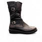 Toe Warmers Rebecca black mid-calf boots featuring dual silver buckle straps and a comfortable wedge sole. Photo of right side view.