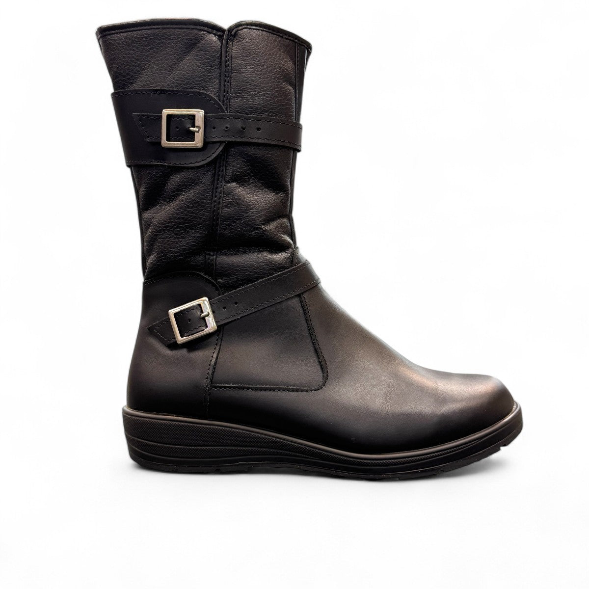 Toe Warmers Rebecca black mid-calf boots featuring dual silver buckle straps and a comfortable wedge sole. Photo of right side view.
