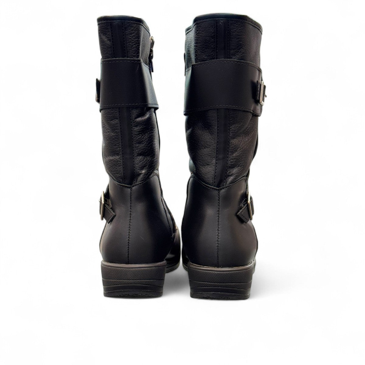 Toe Warmers Rebecca black mid-calf boots featuring dual silver buckle straps and a comfortable wedge sole. Photo of back view.