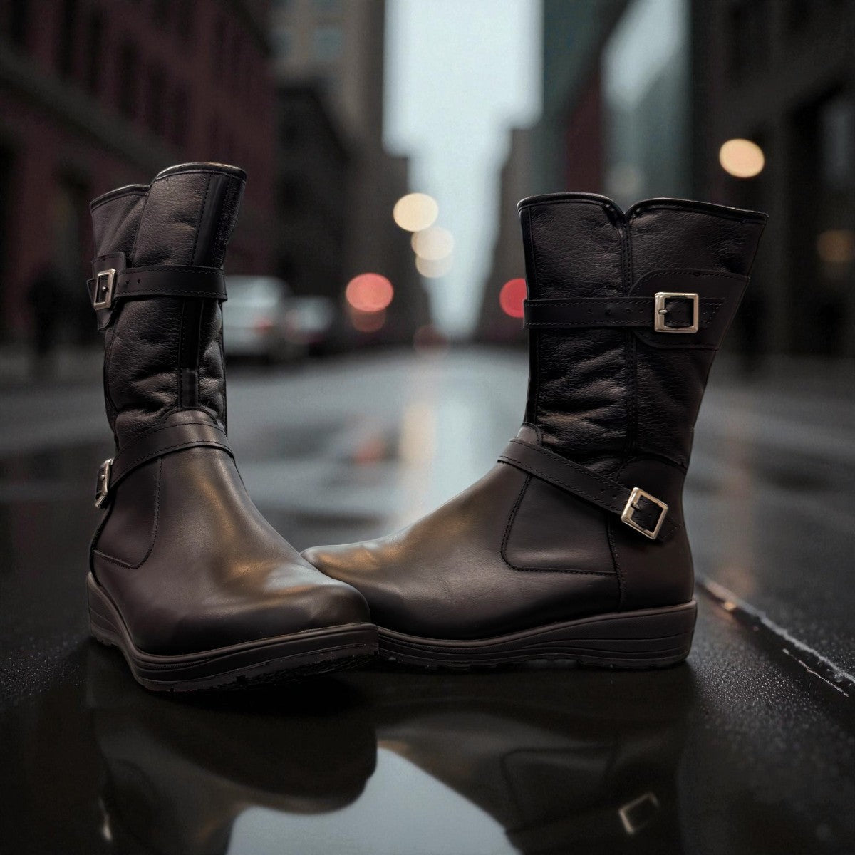 Toe Warmers Rebecca black mid-calf boots featuring dual silver buckle straps and a comfortable wedge sole. Photo of front side view 1.