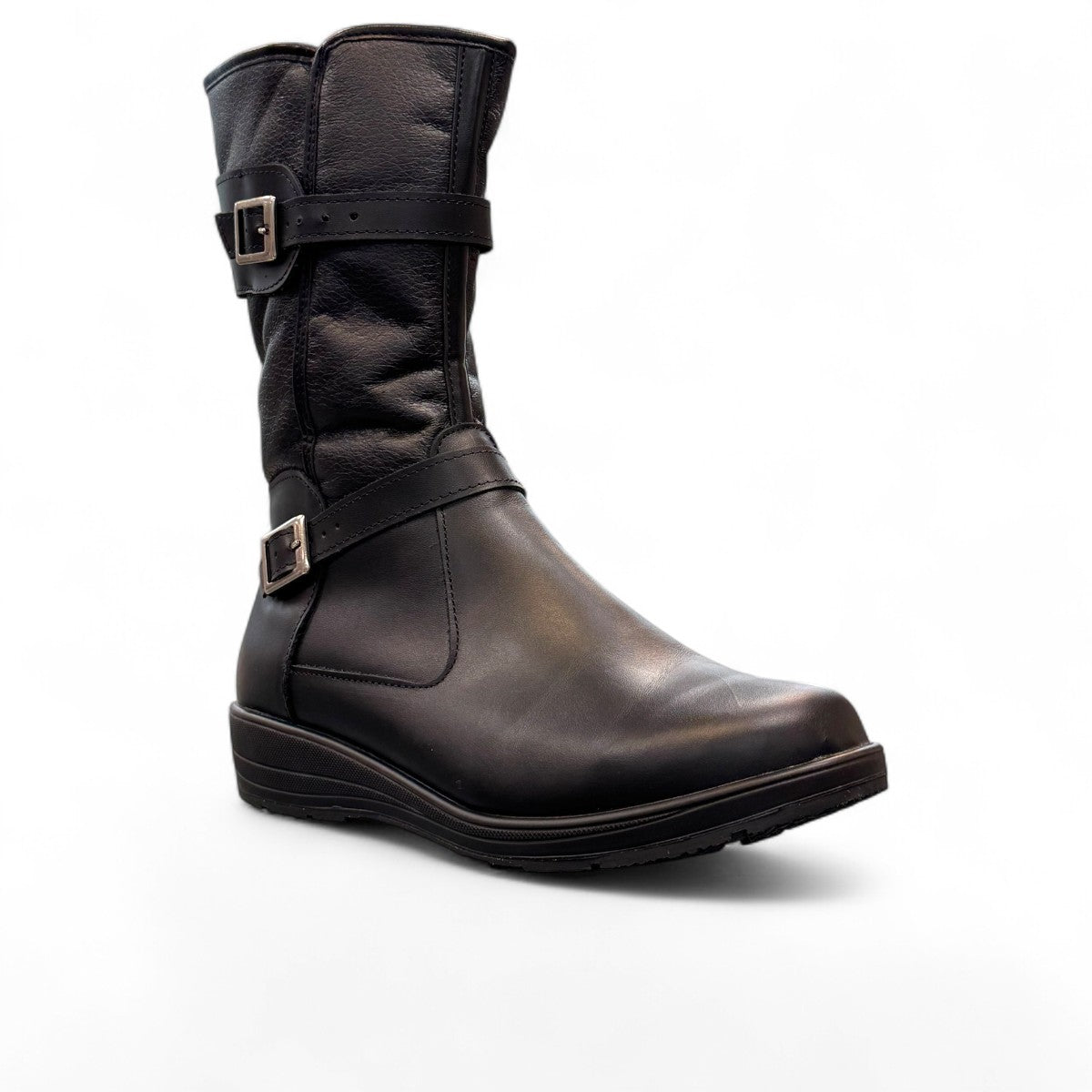 Toe Warmers Rebecca black mid-calf boots featuring dual silver buckle straps and a comfortable wedge sole. Photo of front view.