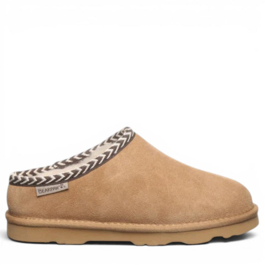 BEARPAW Tabitha iced coffee suede slipper with wool lining and decorative webbing tape accent