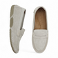 Tyche Mavis beige suede loafers with leather uppers and a comfortable slip-on design.