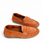 Tyche Mavis orange suede loafers with slip-on design, leather lining, and contrast stitching.