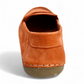 Tyche Mavis orange suede loafers with slip-on design, leather lining, and contrast stitching.