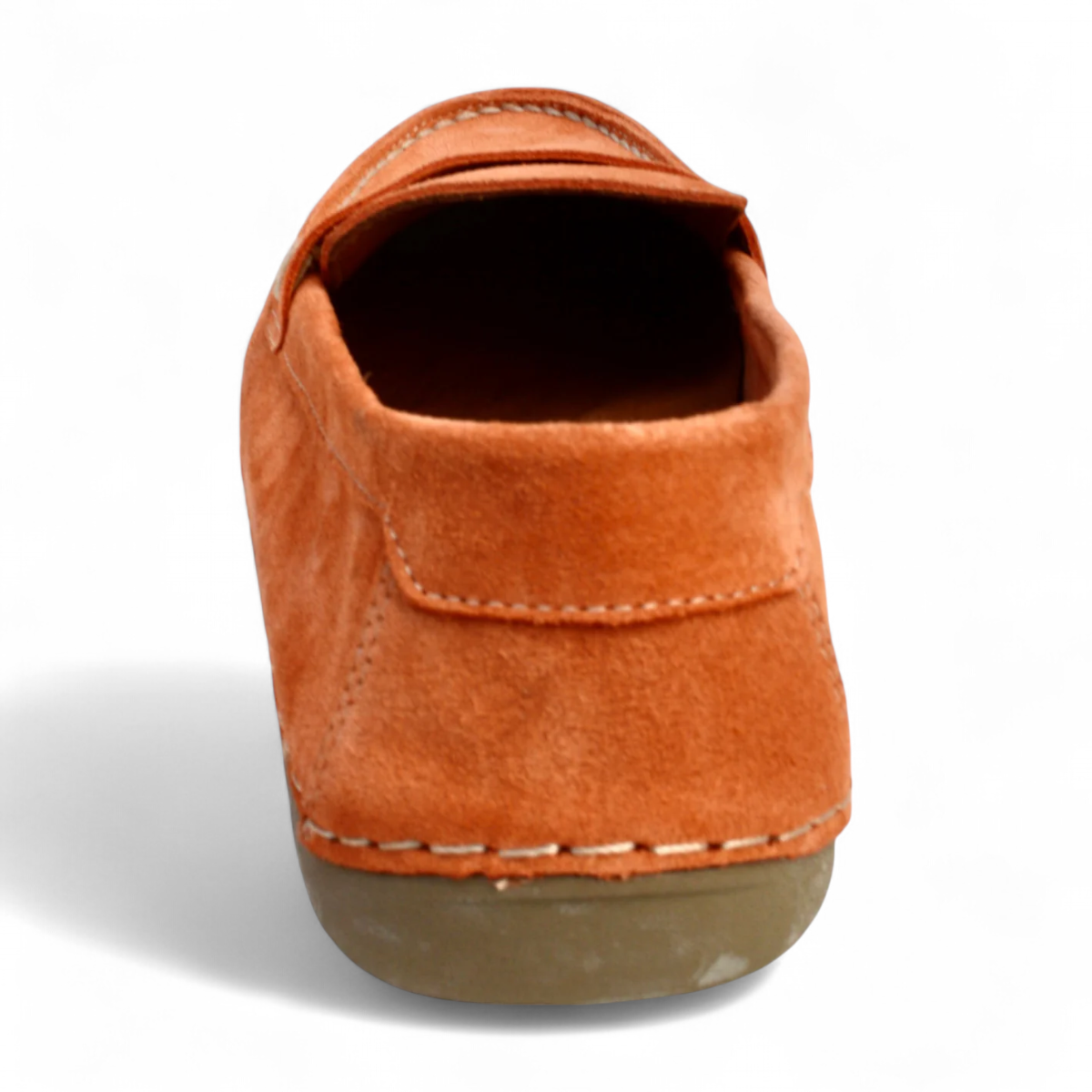 Tyche Mavis orange suede loafers with slip-on design, leather lining, and contrast stitching.