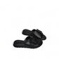 Tyche Monroe black leather slide sandals with adjustable buckle and cushioned insole
