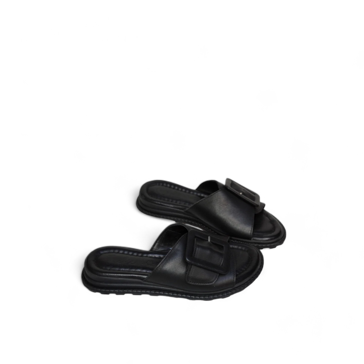 Tyche Monroe black leather slide sandals with adjustable buckle and cushioned insole