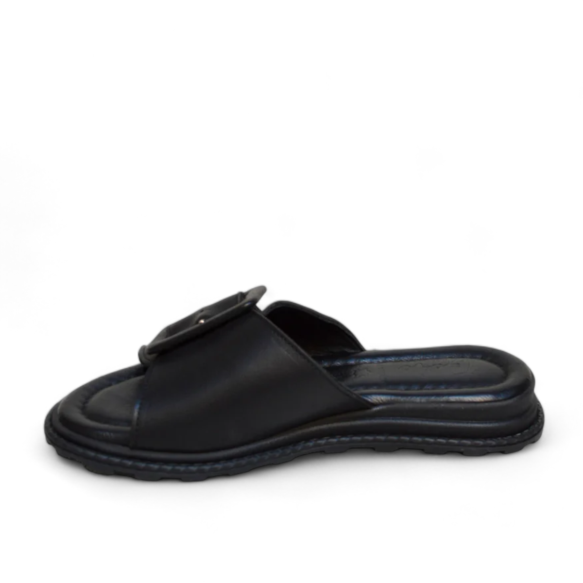 Tyche Monroe black leather slide sandals with adjustable buckle and cushioned insole