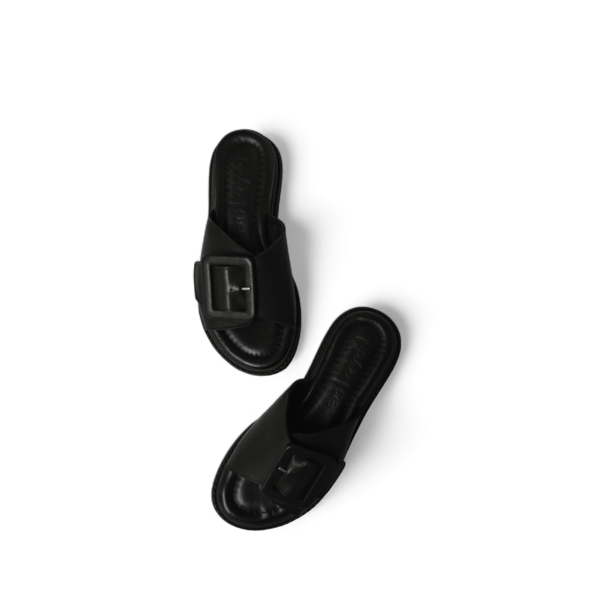 Tyche Monroe black leather slide sandals with adjustable buckle and cushioned insole