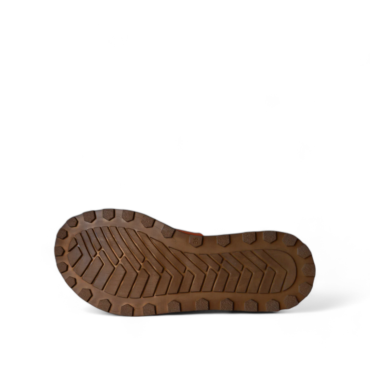 Tyche Monroe orange leather slide sandals with adjustable buckle and comfortable cushioned insole. Photo of bottom view.