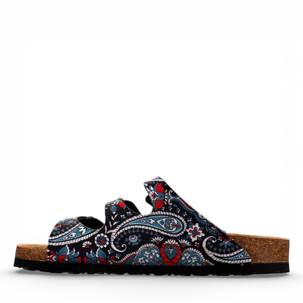 Viking Banff three-strap sandal in black paisley print with cork midsole and adjustable buckles.
photo of the left side