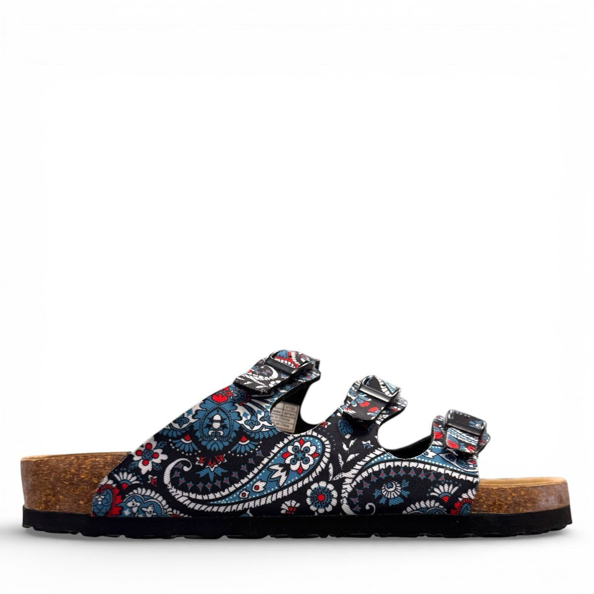 Viking Banff three-strap sandal in black paisley print with cork midsole and adjustable buckles.
photo of the right side